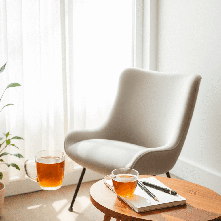 Cozy workspace with a chair, soft natural light, a cup of herbal tea on a side table, and a notebook with a pen, evoking calm and relaxation.