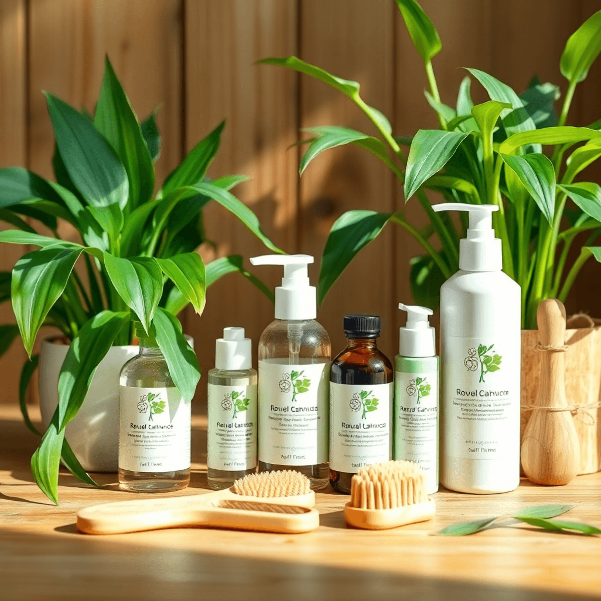 Eco-friendly wellness products including natural skincare bottles, bamboo brushes, and green plants on a wooden surface in a bright, inviting setting.