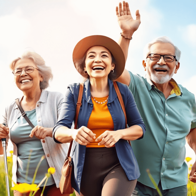 Group of older adults enjoying outdoor activities, smiling and active in a bright, uplifting setting symbolizing healthy aging.