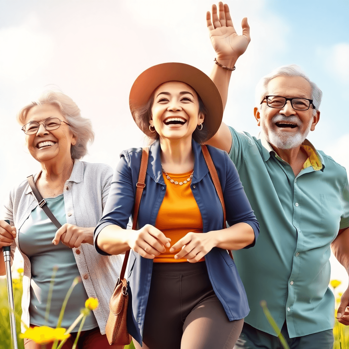 Group of older adults enjoying outdoor activities, smiling and active in a bright, uplifting setting symbolizing healthy aging.