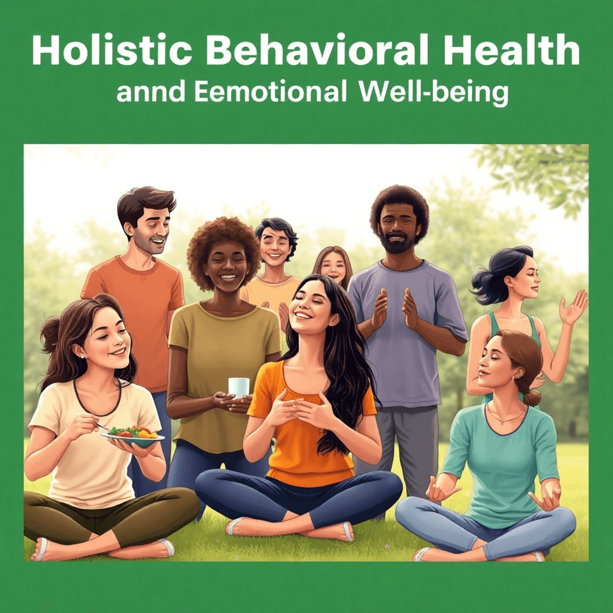 Group of people outdoors enjoying balanced meals, exercising, and meditating, depicting holistic health and emotional well-being in a calm, realist...