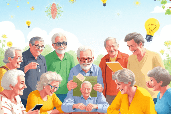Memory Exercises For Seniors: What You Need to Know Happy seniors outdoors playing chess, painting, and exercising, surrounded by brain health symbols like neural networks and lightbulbs.