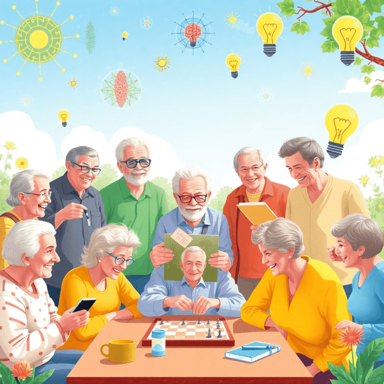 Happy seniors outdoors playing chess, painting, and exercising, surrounded by brain health symbols like neural networks and lightbulbs.