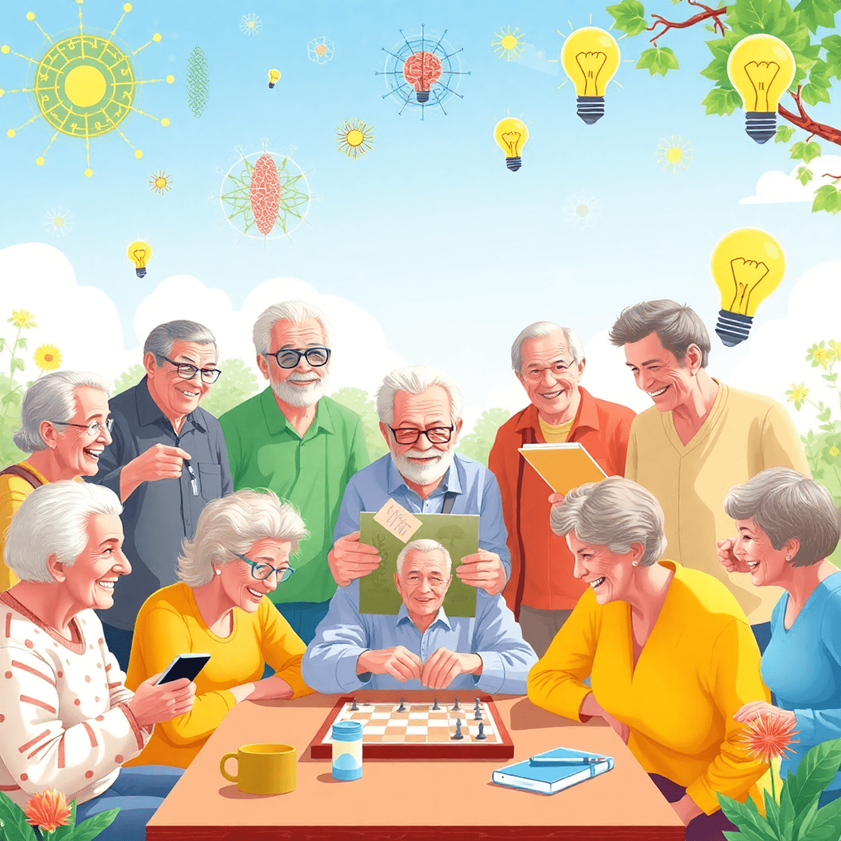 Happy seniors outdoors playing chess, painting, and exercising, surrounded by brain health symbols like neural networks and lightbulbs.