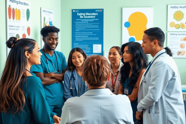 Pro Eating Disorder Tips: What You Need to Know Healthcare professionals in a bright clinic discussing eating disorder recovery with educational posters on nutrition and mental health on the walls.