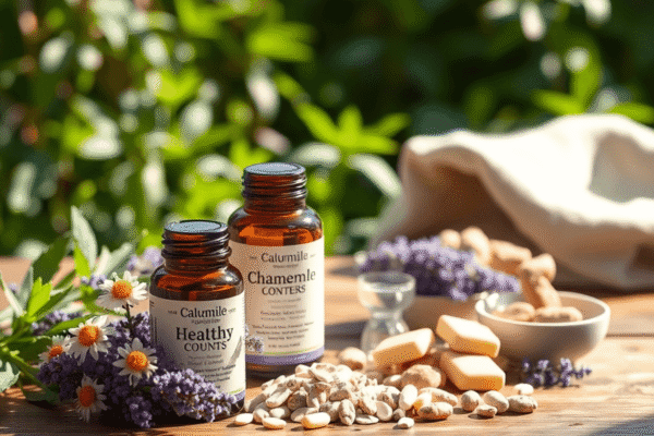 Over The Counter Xanax Alternative: What You Need to Know Herbal supplements like chamomile and lavender with healthy snacks on a wooden table, soft sunlight filtering through greenery in the background.