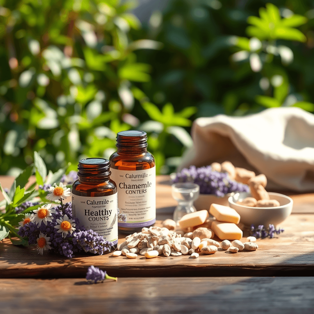 Herbal supplements like chamomile and lavender with healthy snacks on a wooden table, soft sunlight filtering through greenery in the background.