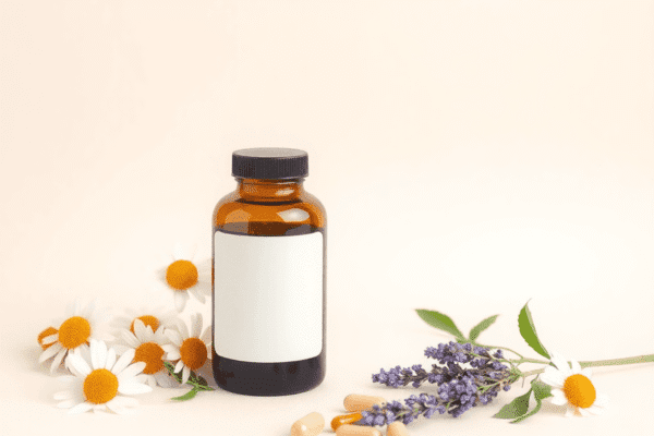 Non Prescription Drugs For Anxiety: What You Need to Know Herbal supplements with chamomile flowers and lavender on a soft pastel background, evoking calm and holistic wellness.