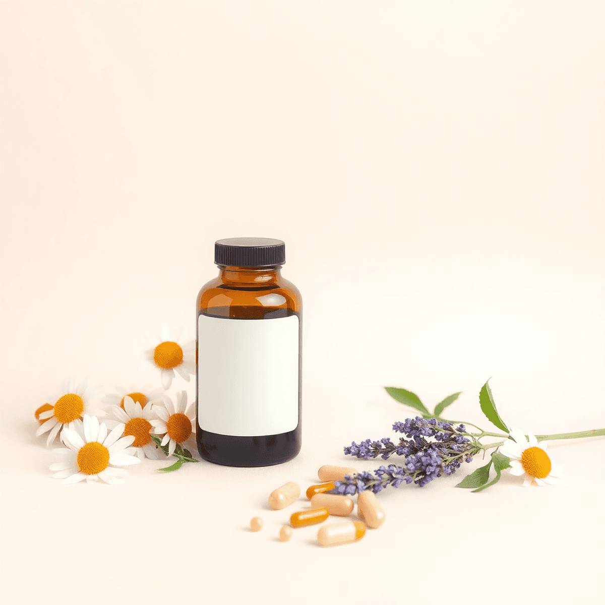 Herbal supplements with chamomile flowers and lavender on a soft pastel background, evoking calm and holistic wellness.