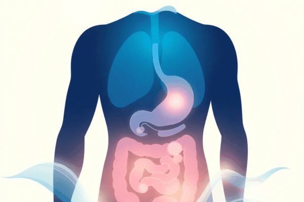 Can Anxiety Give You Gas: What You Need to Know Human silhouette with glowing digestive system amid soft waves, symbolizing stress relief and the mind-gut connection on a light background.