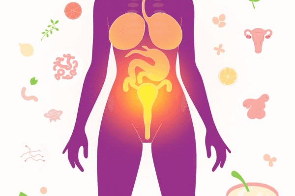 The Role of Probiotics in Women’s Gut Health Illustration of a healthy female silhouette with glowing gut and vaginal areas, surrounded by probiotic bacteria icons, leaves, and yogurt, symboli...