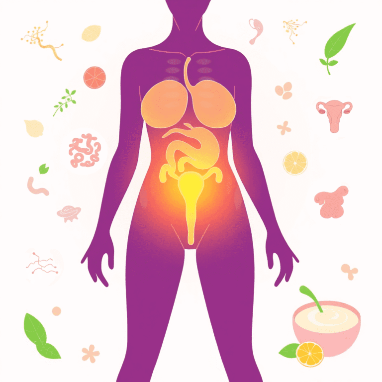 Illustration of a healthy female silhouette with glowing gut and vaginal areas, surrounded by probiotic bacteria icons, leaves, and yogurt, symboli...