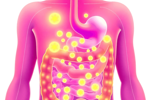 Understanding the Role of Probiotics in Digestive Health Illustration of a human digestive system with glowing probiotic bacteria inside the gut, symbolizing health and balance, on a clean light background.