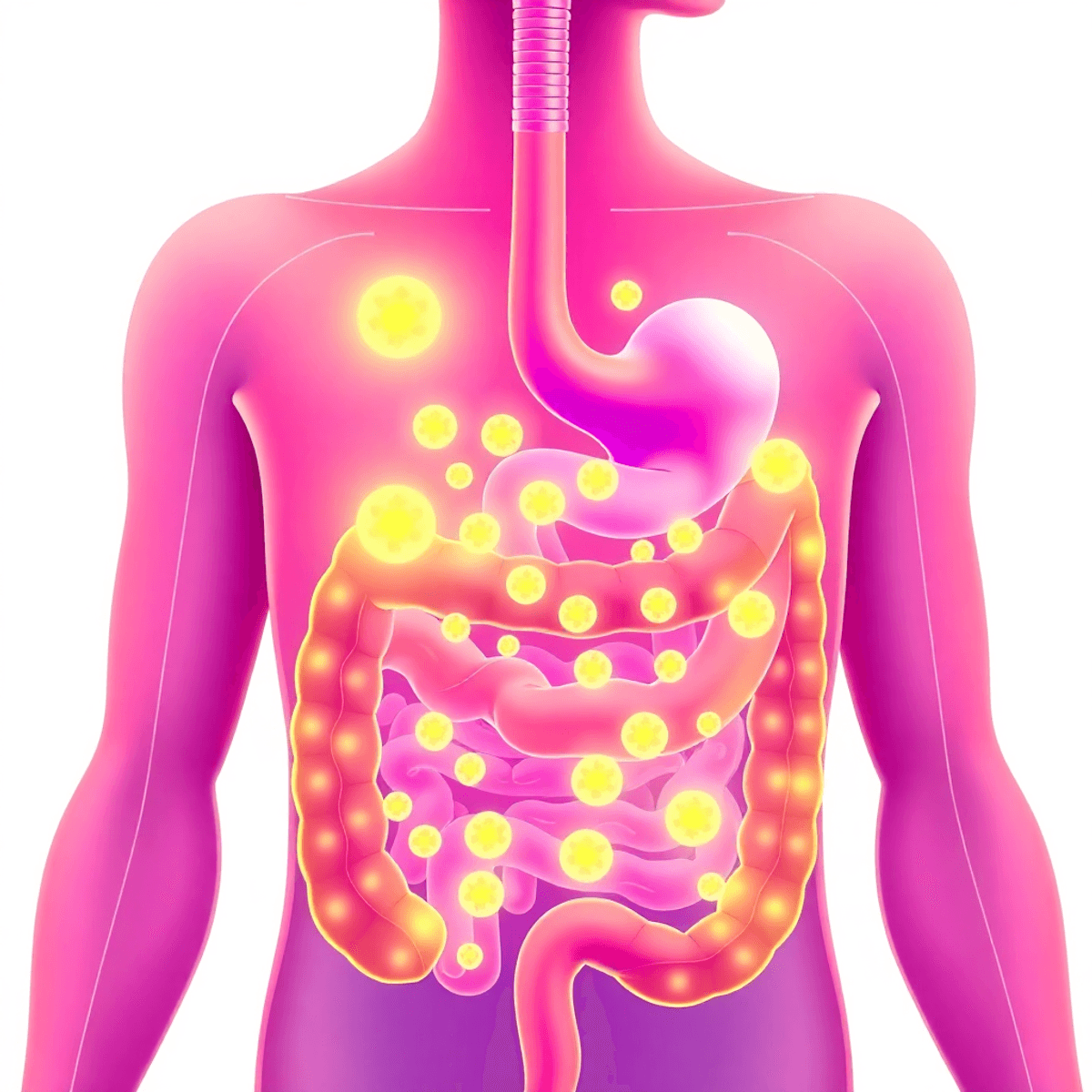Illustration of a human digestive system with glowing probiotic bacteria inside the gut, symbolizing health and balance, on a clean light background.