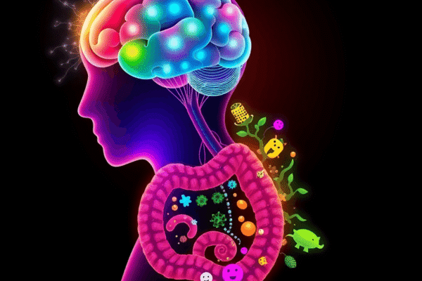 Exploring the Link Between Gut Health and Mood Disorders Illustration of a human silhouette with a glowing brain linked by a luminous network to a detailed gut filled with diverse, friendly microorganisms.