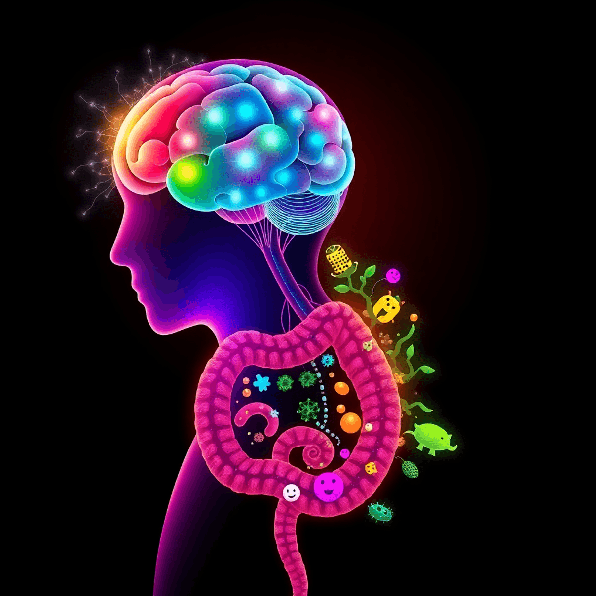 Illustration of a human silhouette with a glowing brain linked by a luminous network to a detailed gut filled with diverse, friendly microorganisms.