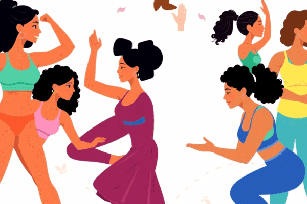 Cycle Syncing Workouts: Tailoring Exercise to Your Hormones Explained Illustration of women doing yoga, high-intensity training, power moves, and strength exercises with soft hormonal symbols and natural elements in t...