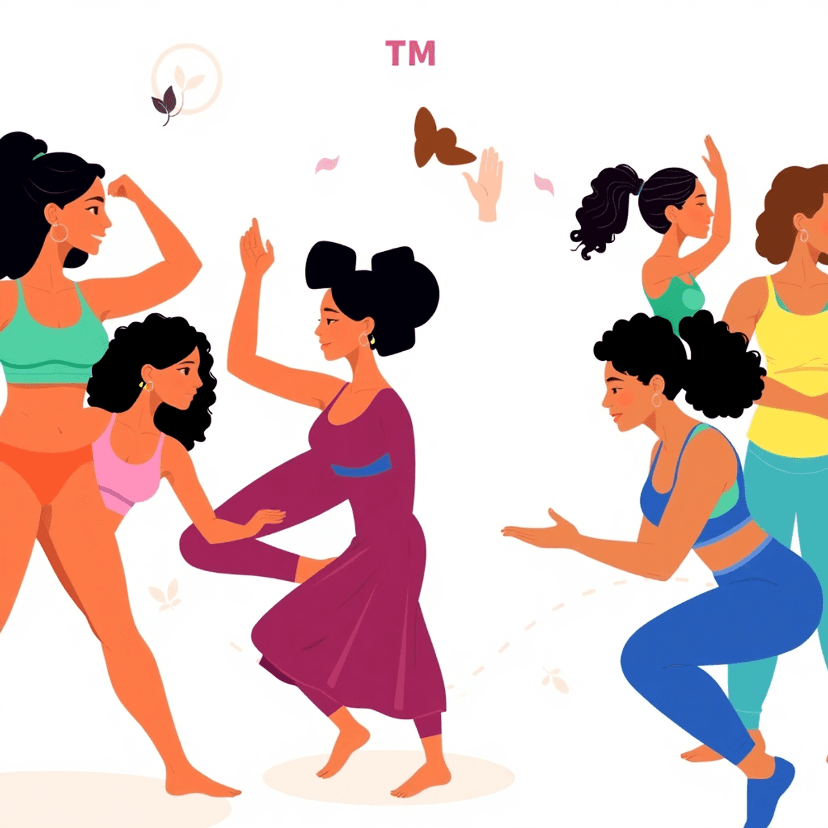 Illustration of women doing yoga, high-intensity training, power moves, and strength exercises with soft hormonal symbols and natural elements in t...
