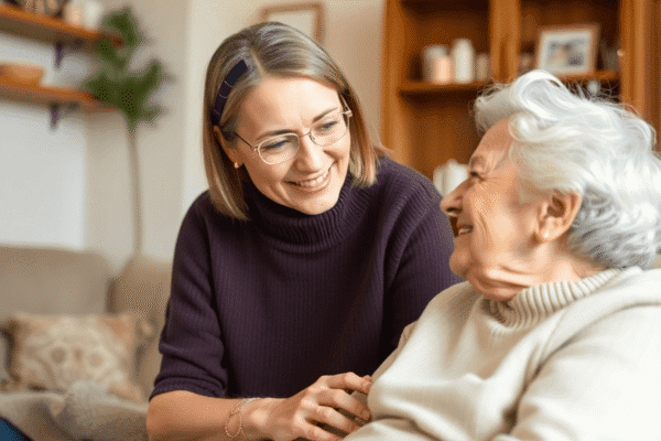 Aging Parents And Elder Care: What You Need to Know Middle-aged adult gently helping elderly parent in a cozy home, symbolizing caregiving and family support.