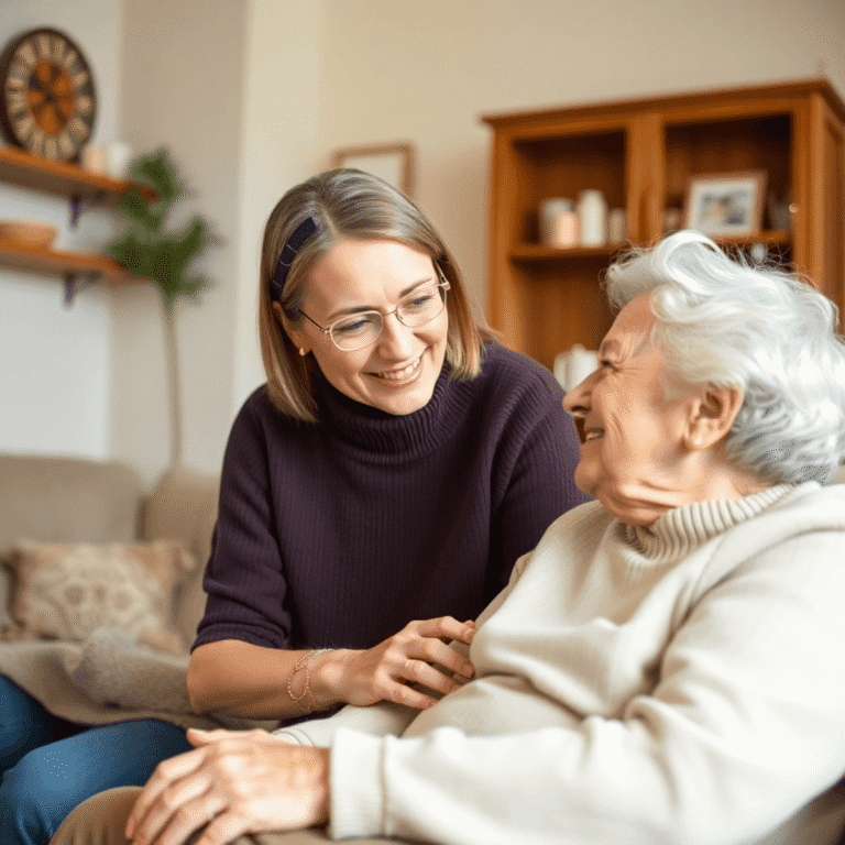 Middle-aged adult gently helping elderly parent in a cozy home, symbolizing caregiving and family support.