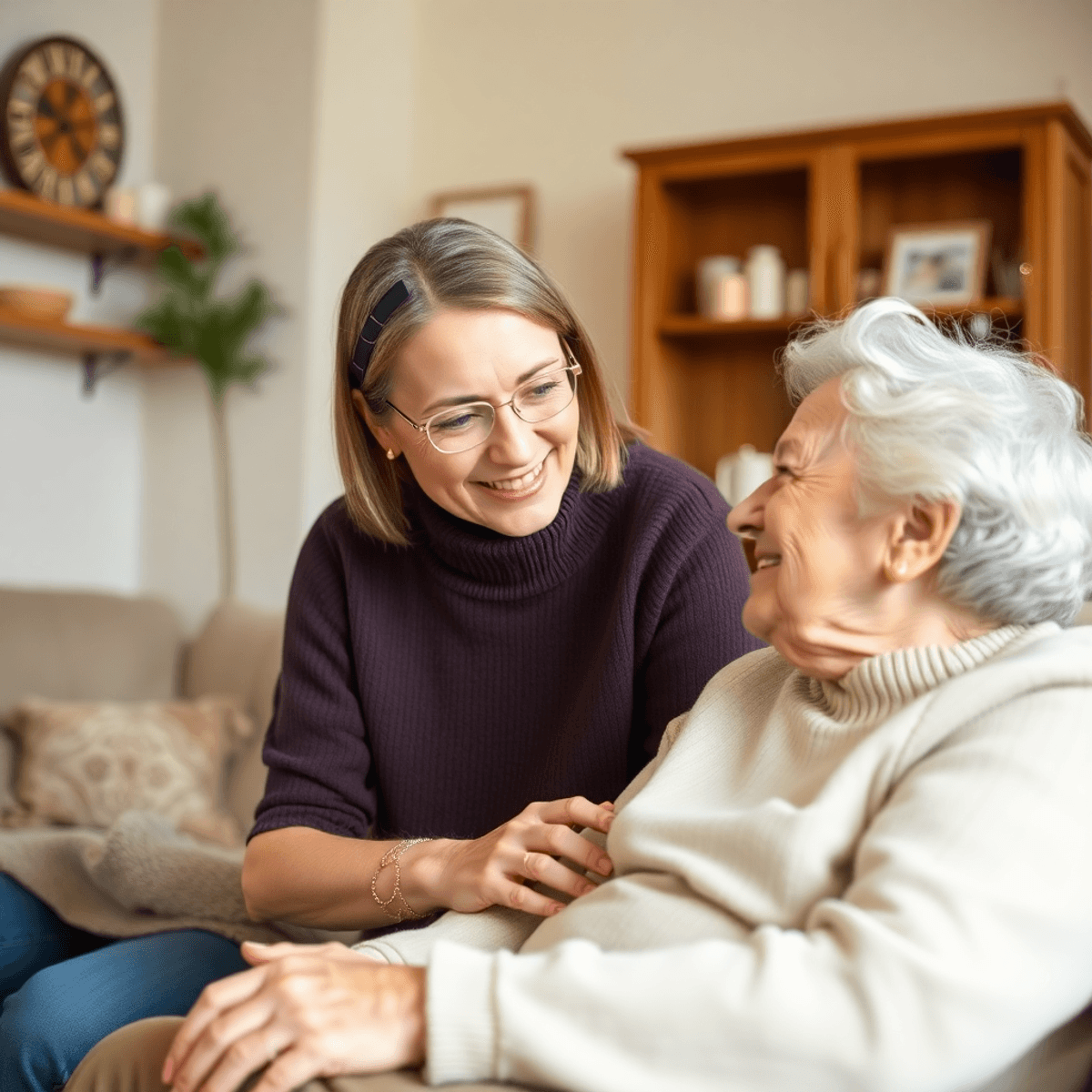 Middle-aged adult gently helping elderly parent in a cozy home, symbolizing caregiving and family support.