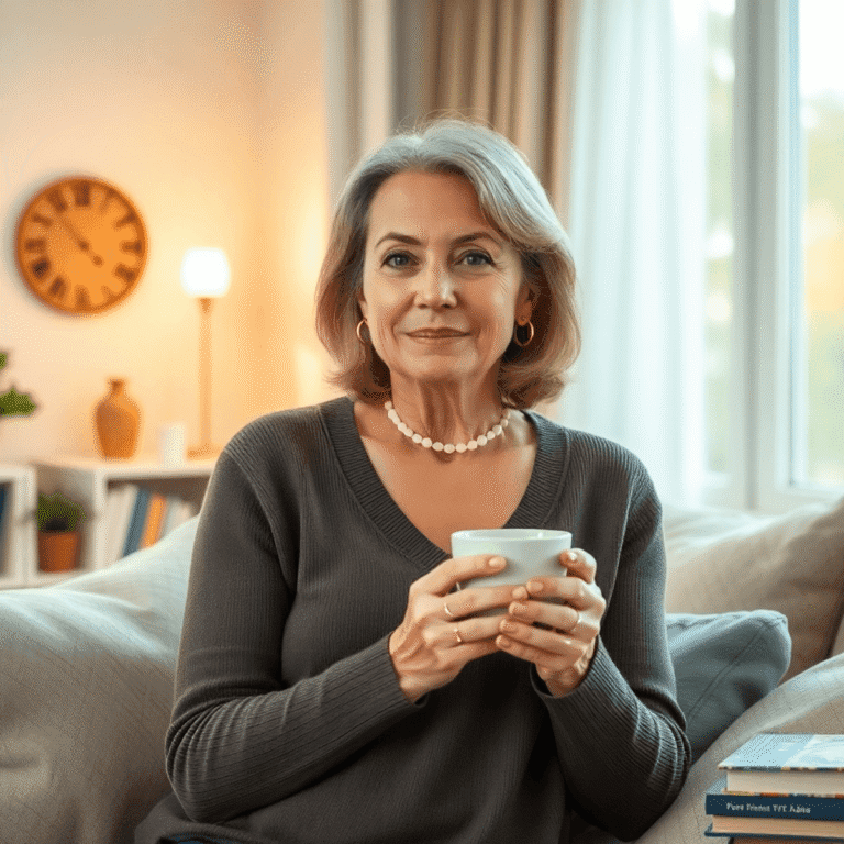 Middle-aged woman in a cozy home, holding a cup of tea, surrounded by plants and books, bathed in soft natural light, symbolizing calm and support.