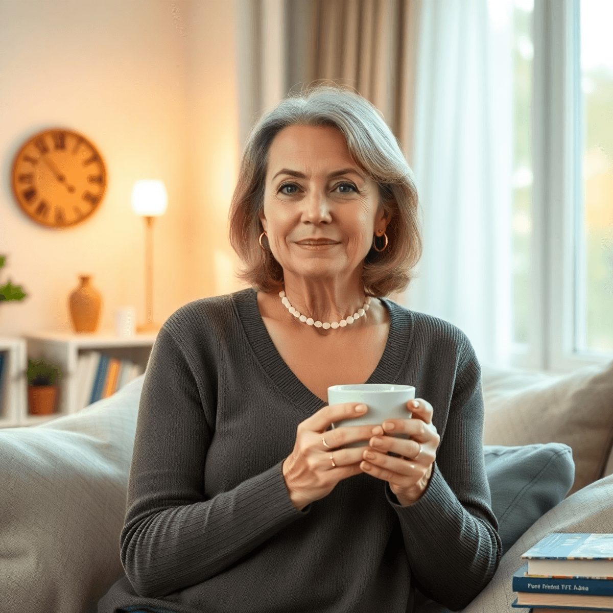 Middle-aged woman in a cozy home, holding a cup of tea, surrounded by plants and books, bathed in soft natural light, symbolizing calm and support.