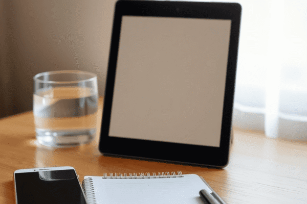 Digital Detox: How to Reclaim Your Focus and Reduce Anxiety Minimalist workspace with a notebook, turned-off smartphone, glass of water, and soft natural light filtering through a window.
