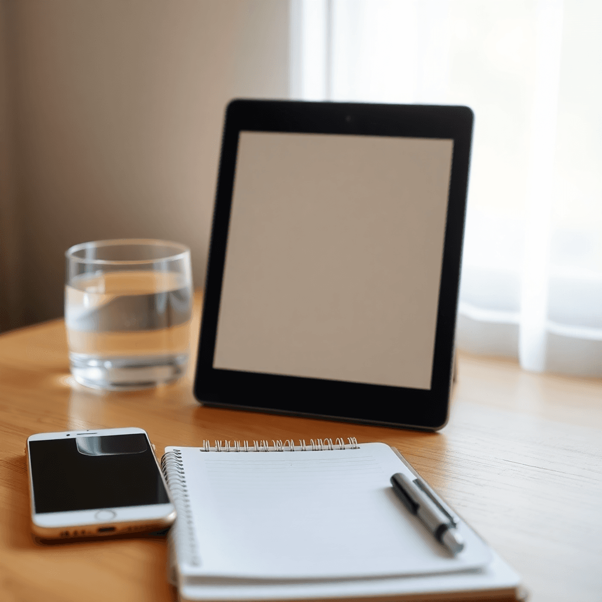 Minimalist workspace with a notebook, turned-off smartphone, glass of water, and soft natural light filtering through a window.