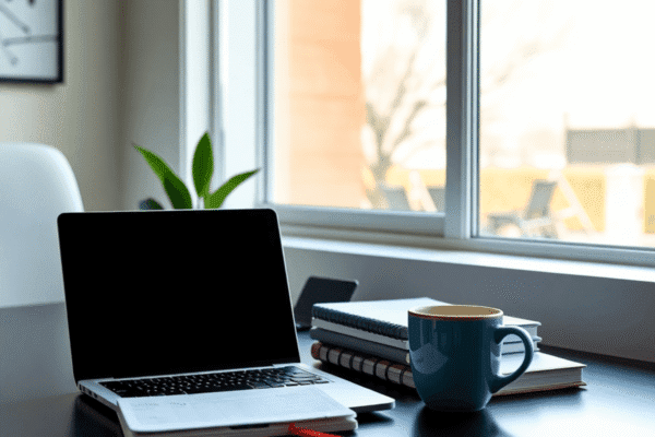 Work-Life Balance Hacks for Remote Workers in 2025 Modern home office with laptop, planner, and coffee cup on desk by sunny window, illustrating flexible remote work and work-life balance.