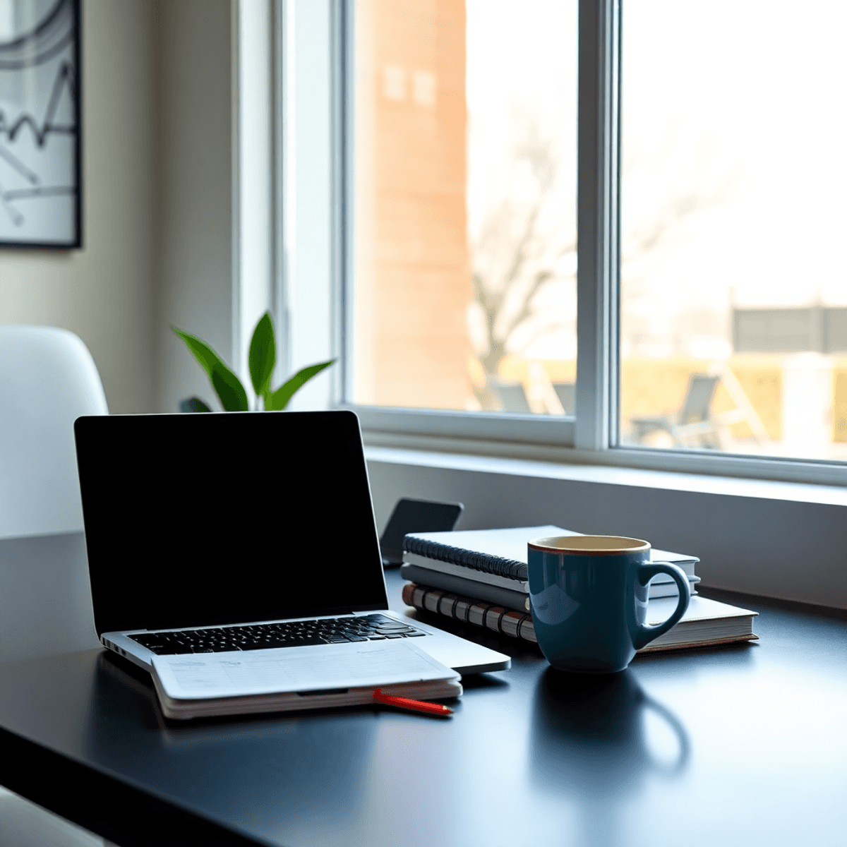 Modern home office with laptop, planner, and coffee cup on desk by sunny window, illustrating flexible remote work and work-life balance.
