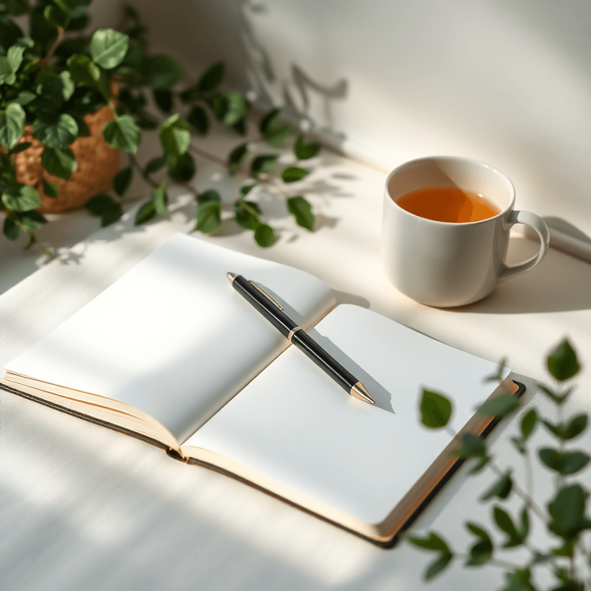 Open notebook with pen, cup of tea, soft natural light, and greenery creating a calm, inviting scene for self-reflection and mental health check-ins.