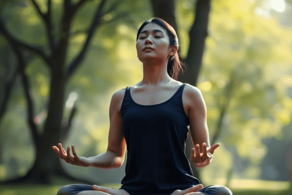 Simple Breathwork Techniques to Calm Your Nervous System Person sitting cross-legged in meditation with eyes closed, surrounded by soft natural light filtering through trees, symbolizing tranquility and b...