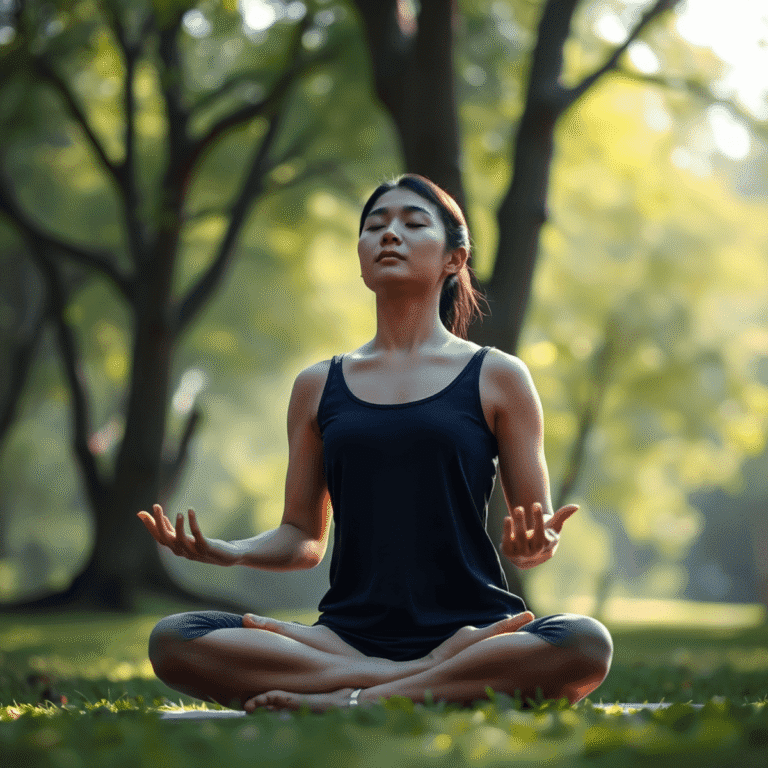 Person sitting cross-legged in meditation with eyes closed, surrounded by soft natural light filtering through trees, symbolizing tranquility and b...