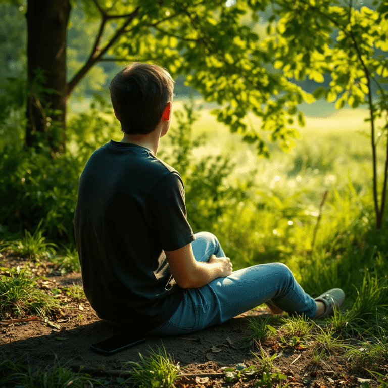 Person sitting outdoors in nature with a turned-off smartphone beside them, surrounded by greenery and soft sunlight.