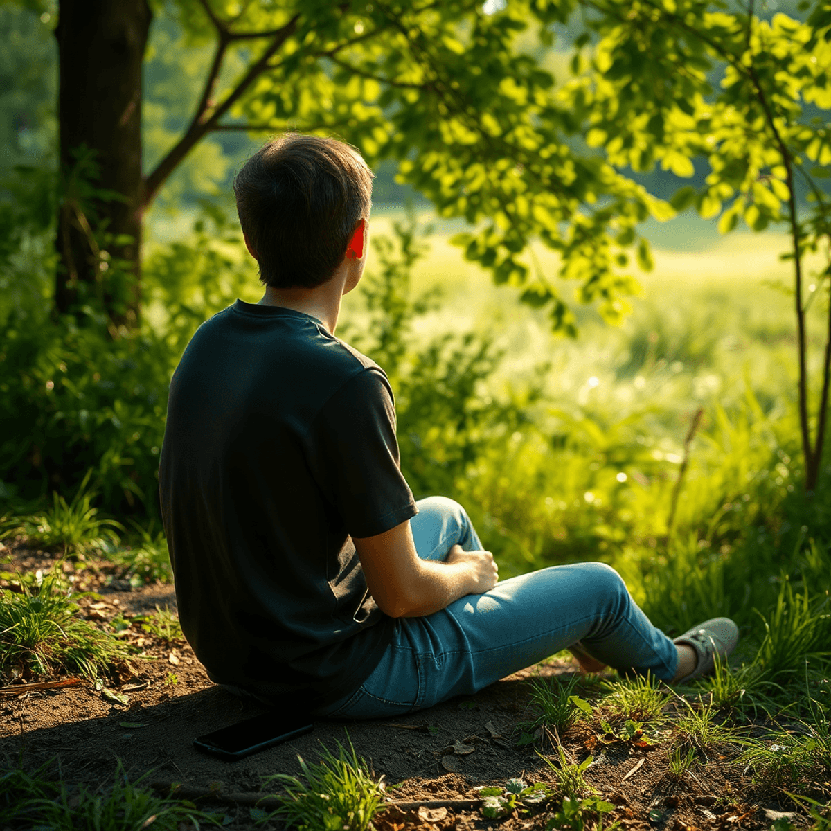Person sitting outdoors in nature with a turned-off smartphone beside them, surrounded by greenery and soft sunlight.