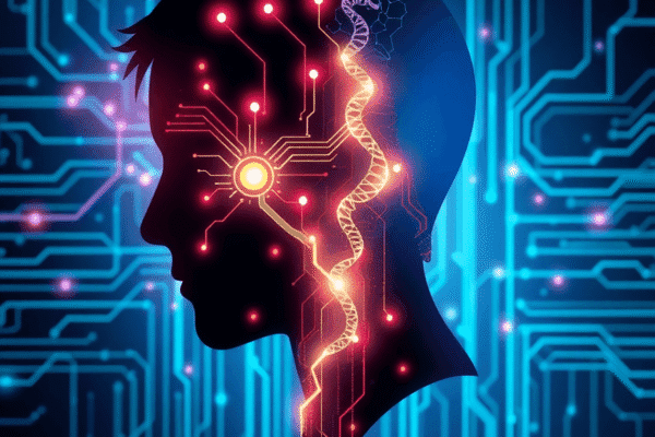 What Is Biohacking? Safe Tips for Optimizing Your Daily Performance Silhouette of a human made of glowing circuits, DNA strands, and neurons on a sleek digital background symbolizing optimization and enhancement.