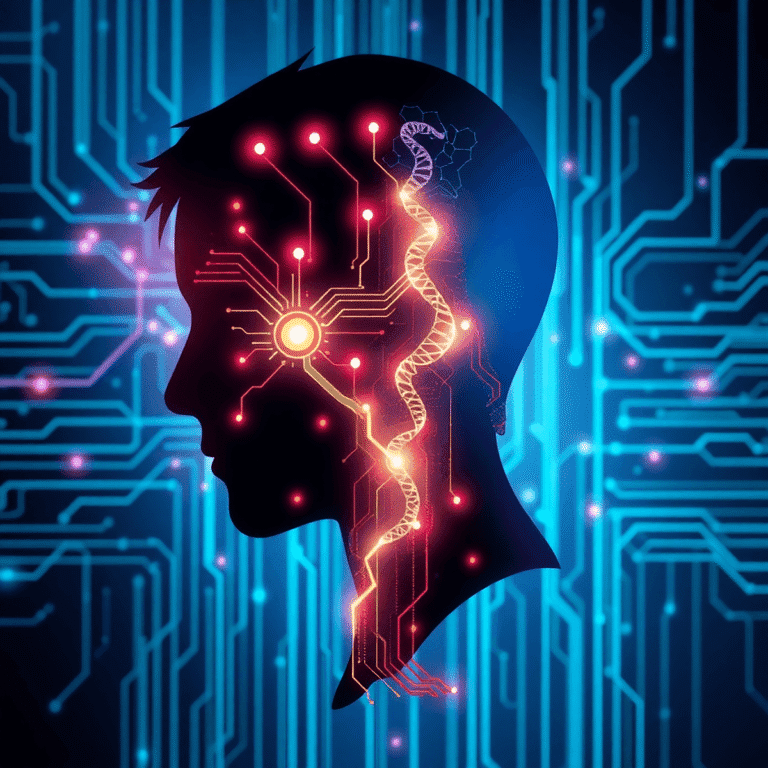 Silhouette of a human made of glowing circuits, DNA strands, and neurons on a sleek digital background symbolizing optimization and enhancement.