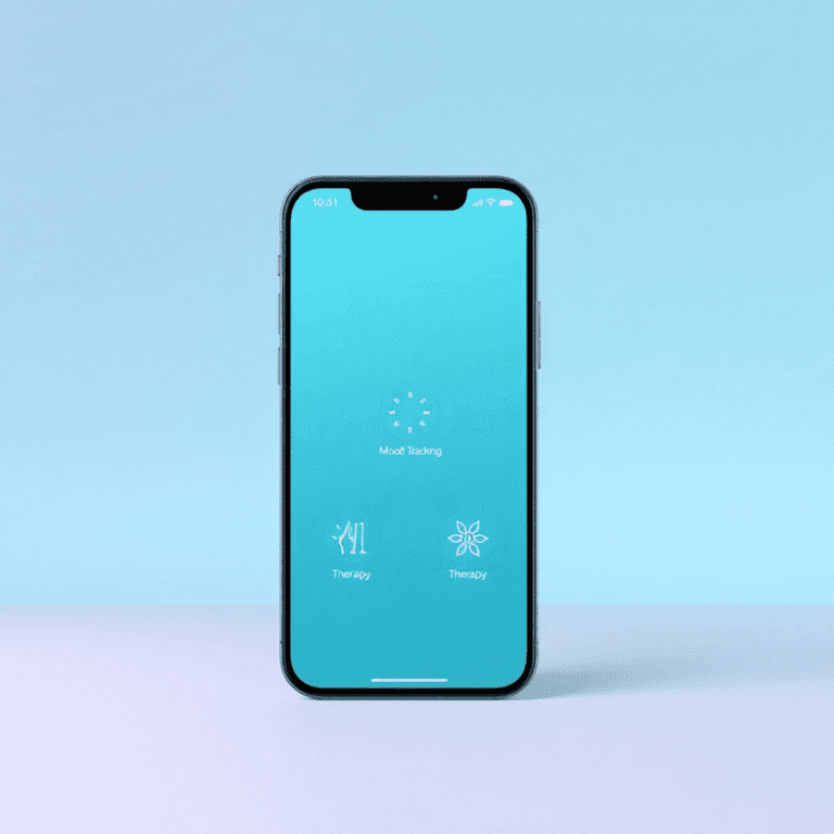 Smartphone showing a mental health app with mood tracking, mindfulness, and therapy icons on a soft gradient background.