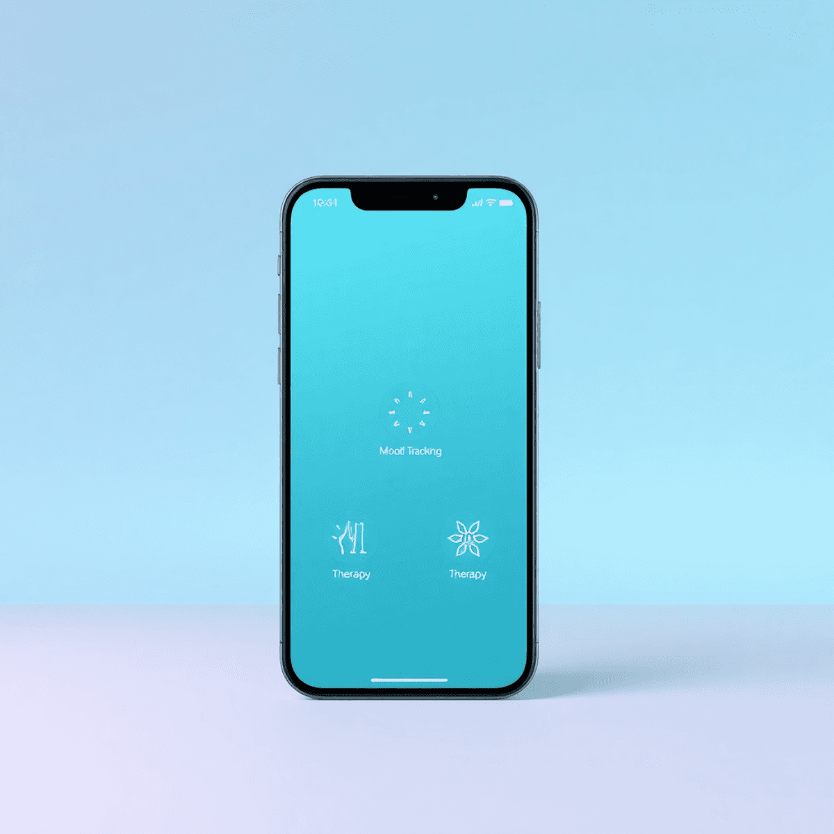 Smartphone showing a mental health app with mood tracking, mindfulness, and therapy icons on a soft gradient background.