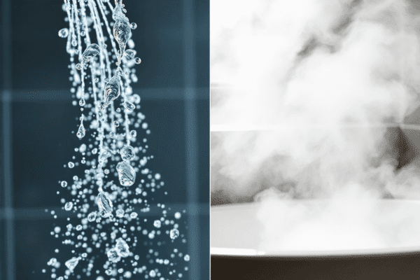 Cold Showers vs. Warm Baths: Which Is Better for Recovery? Split image of a cold shower with water droplets on one side and a warm bath with steam rising on the other, illustrating contrasting hydrotherapy ...