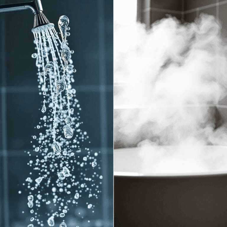 Split image of a cold shower with water droplets on one side and a warm bath with steam rising on the other, illustrating contrasting hydrotherapy ...