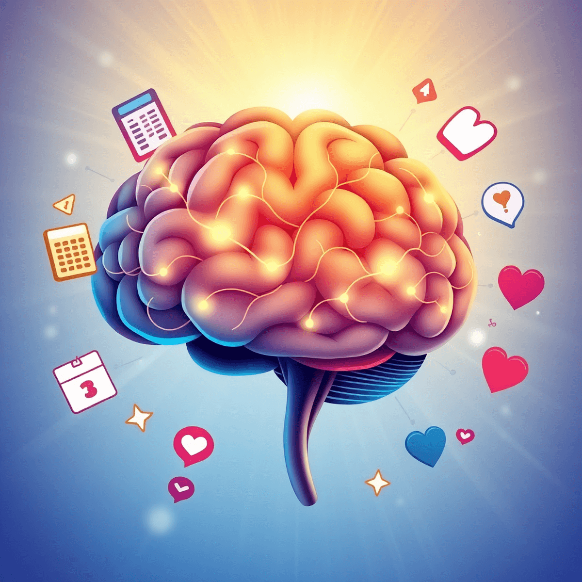 Stylized human brain with glowing neural connections, surrounded by icons of decision-making, health, and cognition on a bright, abstract light bac...