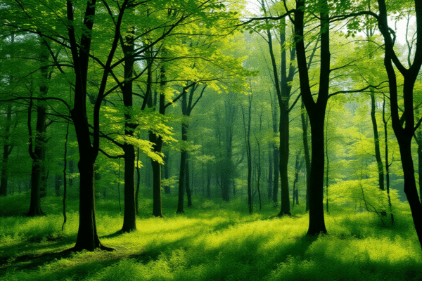 Forest Bathing: The Science Behind Nature Therapy for Stress Relief Sunlight filters through dense green trees in a tranquil forest, creating a peaceful and calming natural scene.