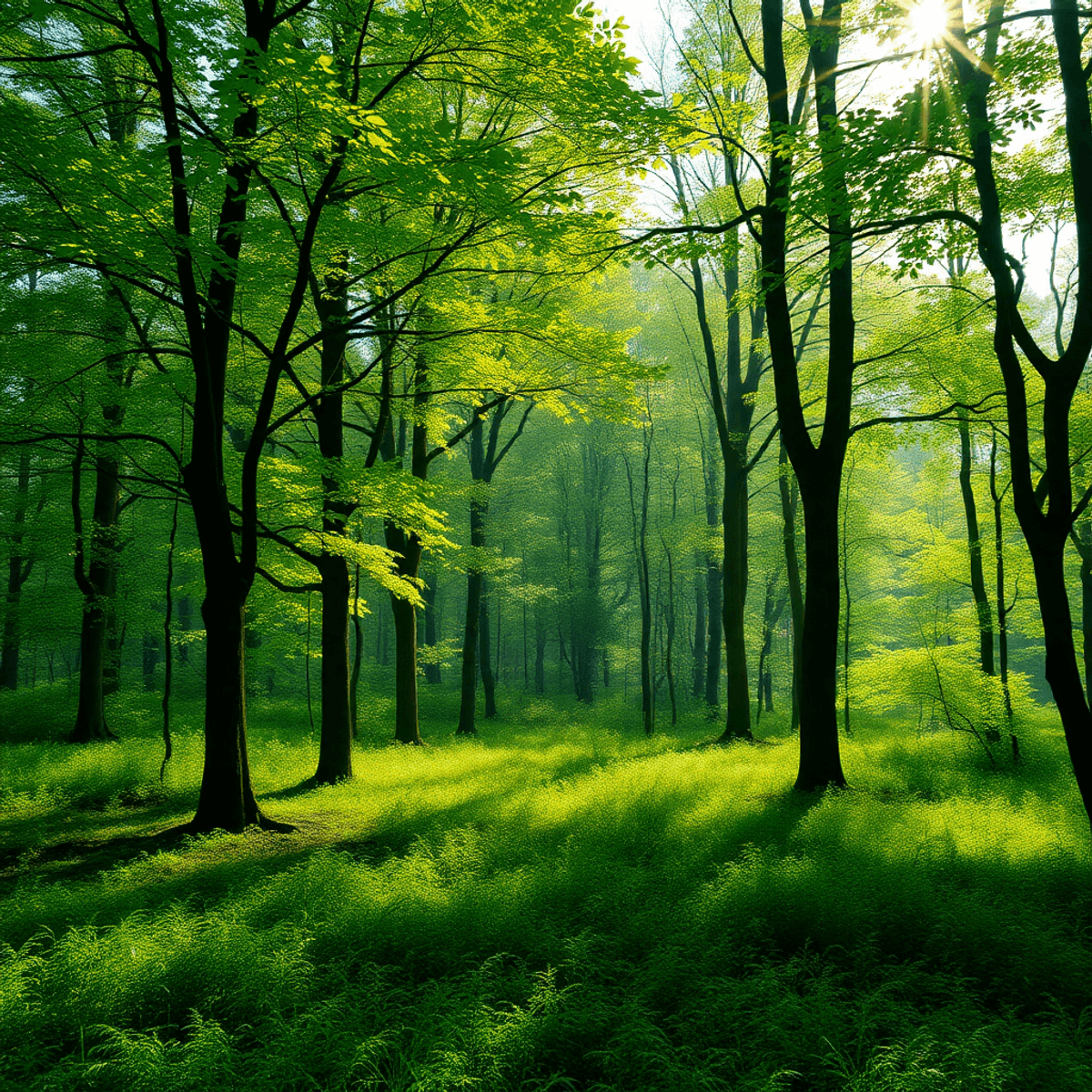 Sunlight filters through dense green trees in a tranquil forest, creating a peaceful and calming natural scene.