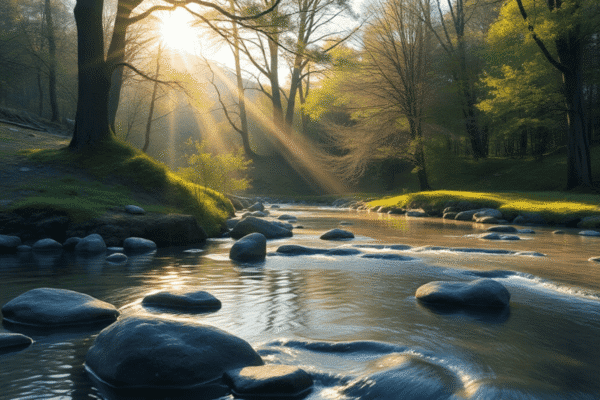 Ultimate Calming Techniques: What You Need to Know Sunlight filters through trees over a gentle stream with smooth stones, creating a peaceful and calming nature scene.