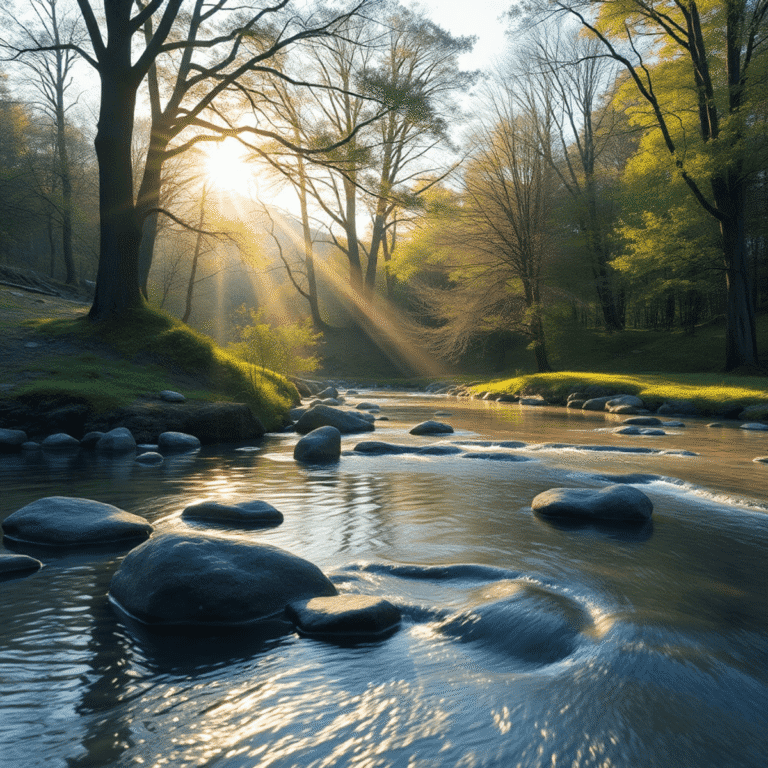 Sunlight filters through trees over a gentle stream with smooth stones, creating a peaceful and calming nature scene.
