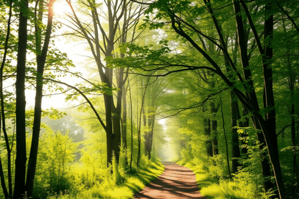 How Nature Walks Enhance Brain Health and Mood Sunlit forest trail with lush green trees and colorful birds perched on branches, creating a peaceful and refreshing nature walk atmosphere.