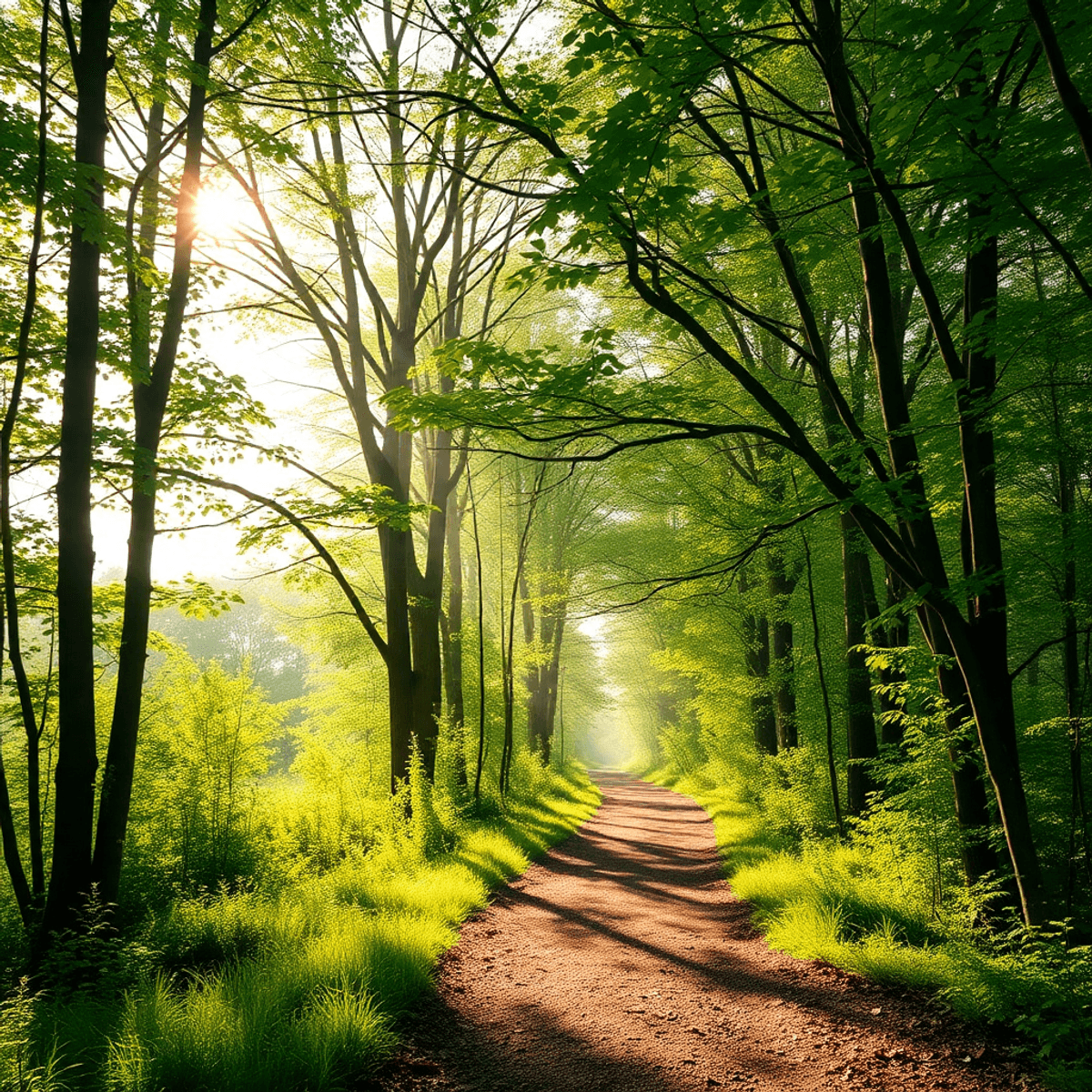 Sunlit forest trail with lush green trees and colorful birds perched on branches, creating a peaceful and refreshing nature walk atmosphere.