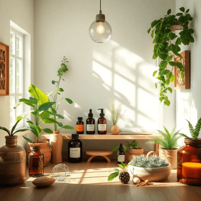 Sunlit wellness clinic with plants, essential oils, and herbal remedies creating a calm, natural atmosphere for holistic health and well-being.